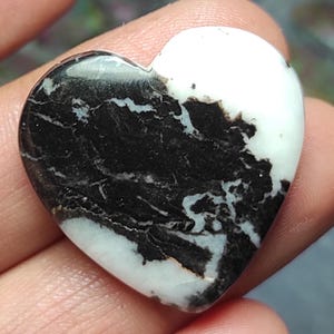 Puede incluir: Una piedra en forma de corazón con un llamativo patrón en blanco y negro. La superficie de la piedra está dividida, con un lado predominantemente negro, con intrincadas vetas, y el otro lado blanco puro. El acabado pulido realza la belleza natural de la piedra.