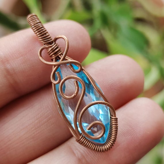 Handmade Copper Wire Wrapped Glass Quartz Pendant