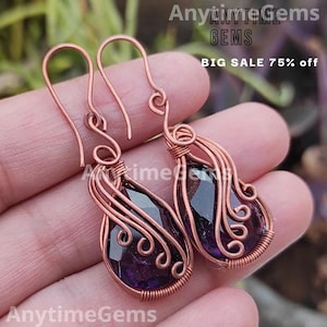 Handmade Copper Wire Wrapped Amethyst Gemstone Earrings