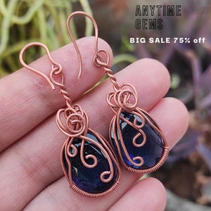 Wire Wrapped Earrings, Wire Wrapped Blue Sapphire, Gemstone Earrings, Wire Wrapped Crystal, Copper Earring, Handmade Copper Wire Jewelry #00