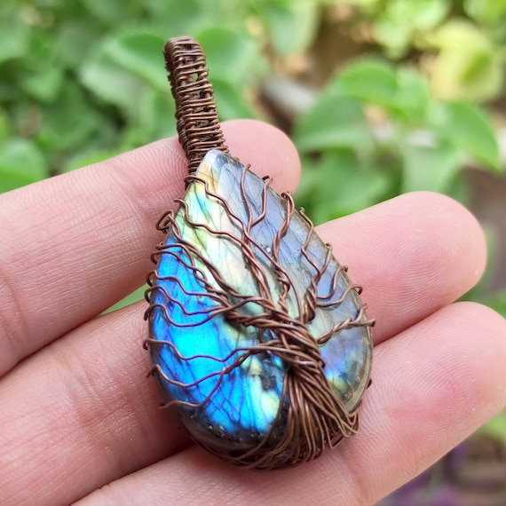 Handmade Copper Wire Wrapped Labradorite Tree of Life Pendant