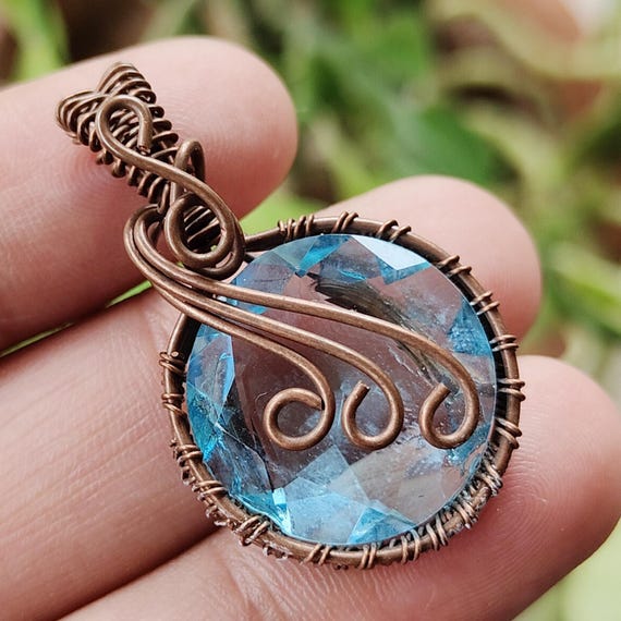 Wire Wrapped Pendants, Wire Wrapped Aquamarine Glass, Quartz
