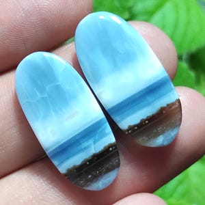May include: Two oval-shaped gemstones with a light blue and brown color scheme. The gemstones have a polished surface and a layered appearance, with bands of color resembling a landscape. The stones are held in a hand.