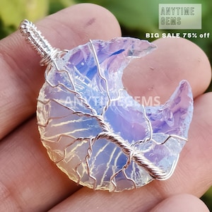 Tree Of Life Opalite Crescent Moon Pendant, Opalite Gemstone Jewelry, Crescent Moon Pendant, Wire Wrapped Pendant, Wholesale Pendant