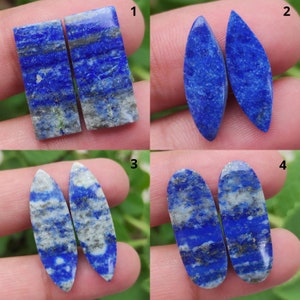 May include: Four pairs of polished lapis lazuli gemstones. The stones are a deep blue color with streaks of gray and gold. The shapes vary, including rectangular, oval, and teardrop forms. The gemstones are displayed against a natural background.