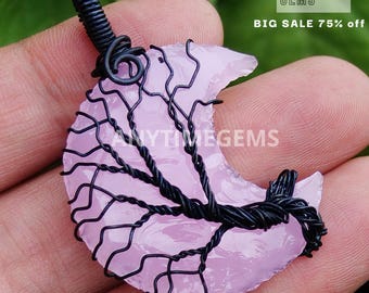 Wire Wrapped Rose Quartz Crescent Moon Pendant: Tree Of Life Gemstone Jewelry