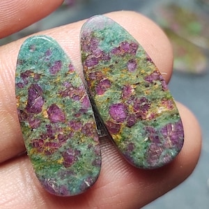 Oval Ruby Fuchsite Gemstone Cabochon Pairs: Loose Green Stones