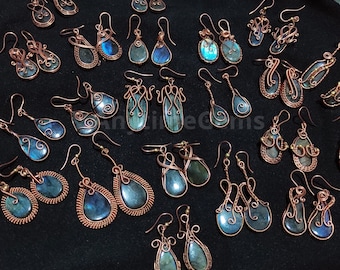Handmade Copper Wire Wrapped Labradorite Earrings