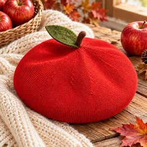 Red Apple Beret Hat for Kids, Knit Fruit Hat with Green Leaf, Fall Accessory