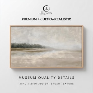 May include: A framed landscape painting with a neutral color palette. The artwork depicts a serene scene of a shoreline with a forest in the background. The text "PREMIUM 4K ULTRA-REALISTIC" and "MUSEUM QUALITY DETAILS" are visible.