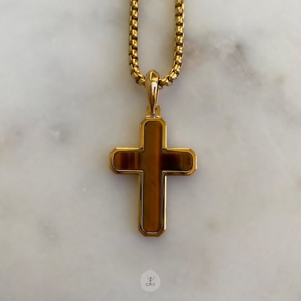 Gold Cross Necklace for Men Tiger Eye Necklace Mens Spiritual Jewelry 18k Cross Necklace for Men and Women Gemstone Jewelry for Protection