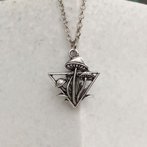 Mushrooms Necklace Triangle Necklace with Mushroom Charm Mystical Pendant Magical Mushroom Pendant Necklace Silver Cute Small Necklace