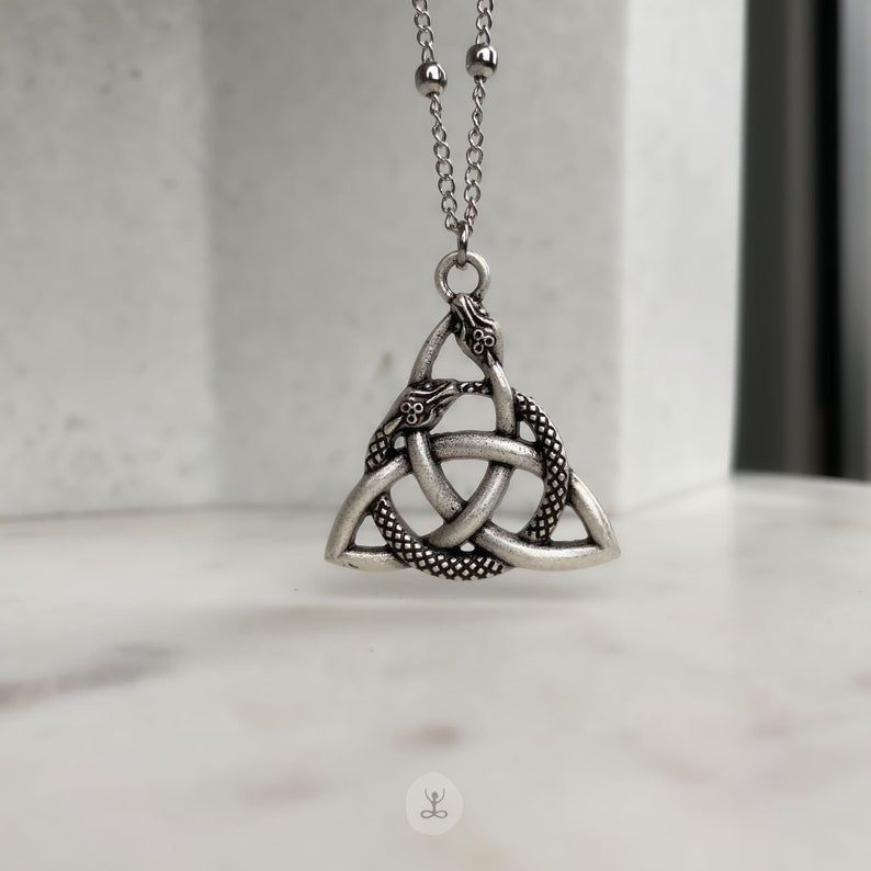 Celtic Necklace Viking Triangle Wiccan Snake Necklace Ouroboros Necklace with Triquetra Pendant Triangle Witchy Occult Jewelry Metaphysical image 1