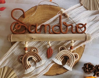 Knitted name on driftwood with animals | Wreath wall hanging | Elegant and personalized decoration for a child's room