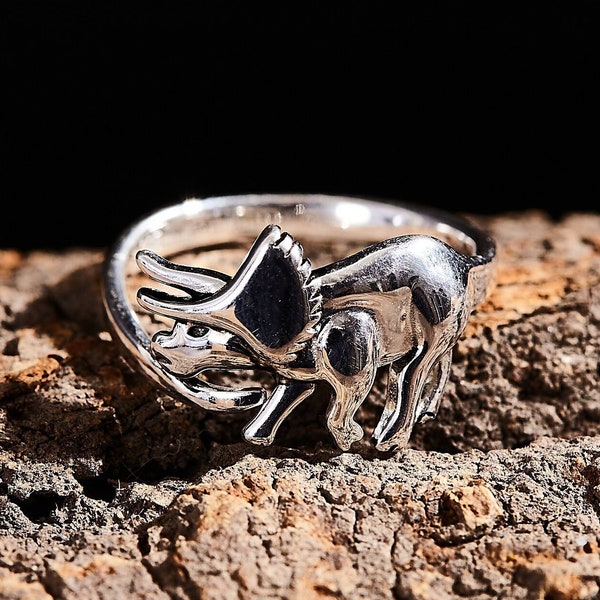 Triceratops Dinosaur Sterling Silver Adjustable Ring Handmade /Unique Men Women Punk Gothic S925 Statement Silver Ring/Gift for him or her