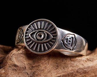 Evil Eye Stamp Sterling Silver Ring Handmade/ Unique Men Women Punk Gothic Medieval 925 Statement Silver Ring/Jewelry Gifts for him or her