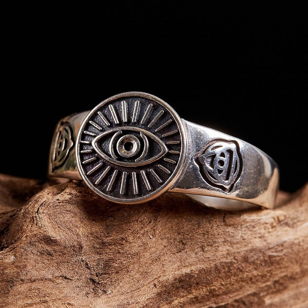 Evil Eye Stamp Sterling Silver Ring Handmade/ Unique Men Women Punk Gothic Medieval 925 Statement Silver Ring/Jewelry Gifts for him or her