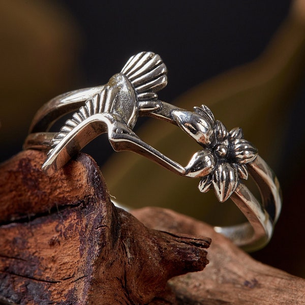 Hummingbird Sterling Silver Ring Handmade/ Unique Unisex Men Women Flora Animal Bird 925 Statement Silver Ring/Silver Jewelry Gifts for her