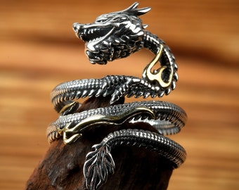 Dragon Sterling Silver Ring Handmade/ Unique Unisex Men Women Punk Gothic Animal 925 Statement Adjustable Ring/Oxidized Gift for him or her