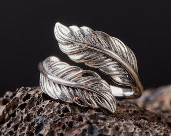 Anello in argento sterling con piuma Anello fatto a mano solido/unico uomo donna moderno anniversario delicato anello in argento 925/regali per lui o lei