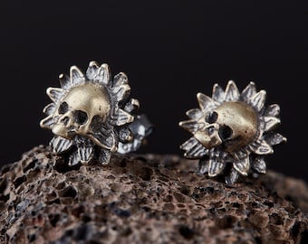 Skull Flower 925 Sterling Silver Earrings Handmade/Unique Unisex Men Women Punk Gothic Medieval/925 Silver Jewelry Gift for him her