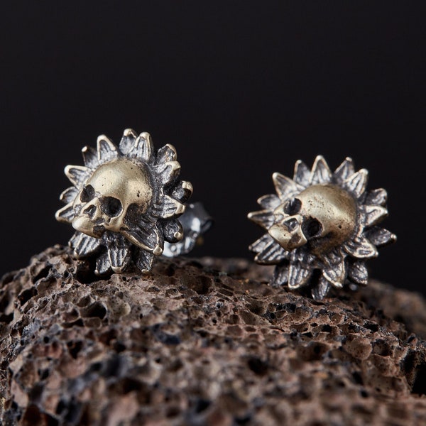 Skull Flower 925 Boucles d’oreilles en argent sterling faites à la main/Unique Unisex Hommes Femmes Punk Gothique Médiéval/925 Bijoux en argent Cadeau pour lui elle