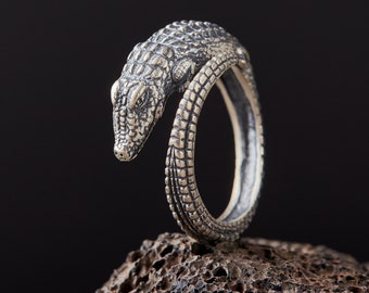 Crocodile Alligator Sterling Silver Adjustable Ring Handmade Solid/Unique Men Women Punk Gothic Animal 925 Statement /Gifts for him or her