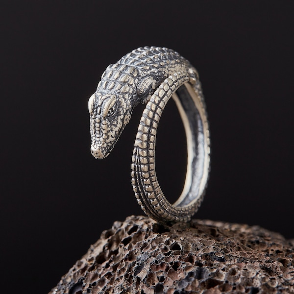 Crocodile Alligator Sterling Silver Adjustable Ring Handmade Solid/Unique Men Women Punk Gothic Animal 925 Statement /Gifts for him or her