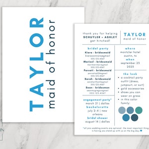 Bridesmaid Info Card Template, Editable Bridal Party Info Card, Maid of Honor Bridesmaid Information Card Simple Minimal INSTANT Printable