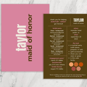 Bridesmaid Info Card Template, Editable Bridal Party Info Card, Maid of Honor Bridesmaid Information Card Simple Minimal INSTANT Printable