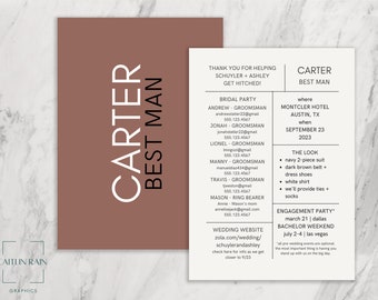 May include: A wedding invitation card with a brown background and white text. The card includes the names "Carter" and "Best Man" in large white letters. The card also includes information about the wedding, including the date, time, and location. The card also includes information about the bridal party, including the names and contact information of the groomsmen.