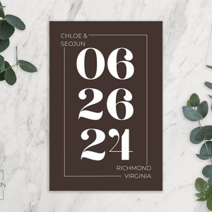 Modelo moderno para salvar a data, cartão postal 4x6 para casamento, salvar a data STD Moderno e minimalista para salvar a data, casamento editável para impressão, marrom carvalho