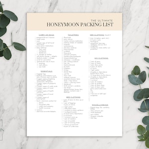 Ultimate Honeymoon Packing List, Simple Minimalist Wedding Vacation Checklist & Contact List, Editable Printable To Do List, Download