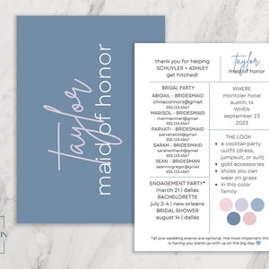 Bridesmaid Info Card Template, Editable Bridal Party Info Card, Maid of Honor Bridesmaid Information Card Simple Minimal INSTANT Printable