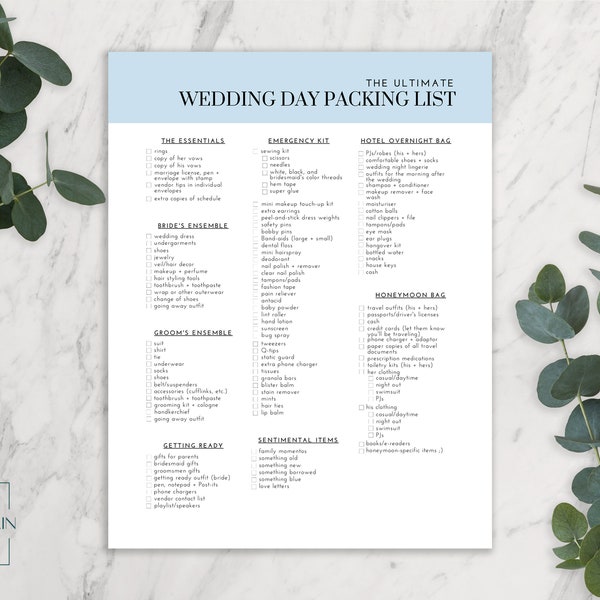 Ultimate Wedding Day Packing List, Simple Minimalist Wedding Planner Checklist & Contact List, Editable Printable To Do List, Download