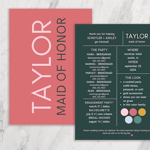 Bridesmaid Info Card Template, Editable Bridal Party Info Card, Maid of Honor Bridesmaid Information Card Simple Minimal INSTANT Printable