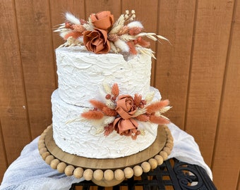 Terracotta, ivory & white Boho cake topper decoration for rustic wedding, bridal shower or birthday - Sola wood, dried flowers, pampas