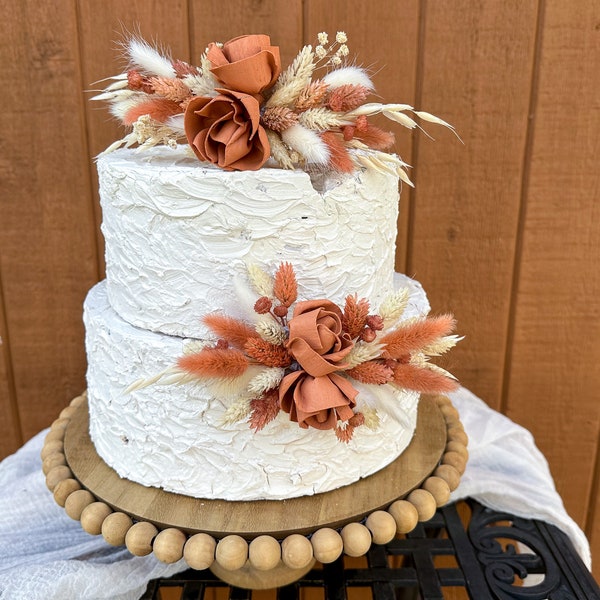 Terracotta, ivory & white Boho cake topper decoration for rustic wedding, bridal shower or birthday - Sola wood, dried flowers, pampas