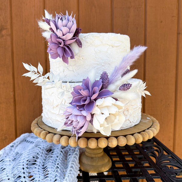 Lavender purple and white Boho flower cake decor, for wedding, bridal or baby shower/birthday -preserved & Sola wood flowers, ruscus
