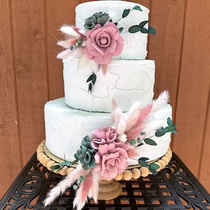 Boho cake flowers in cool dusty rose, sage green & white, for wedding, bridal/baby shower or birthday, soft Sola wood, dried flowers, pampas