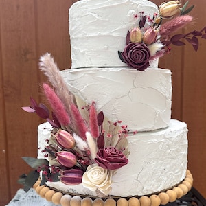 Burgundy, green, & ivory cake flowers with dried palm, for wedding, bridal shower or birthday - Sola wood, dried flowers, pampas, nigella