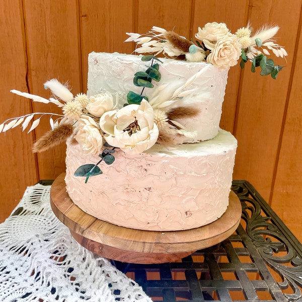 Peony and eucalyptus Boho dried flower cake topper decoration for wedding, bridal or baby shower, neutral tones Sola wood & dried flowers