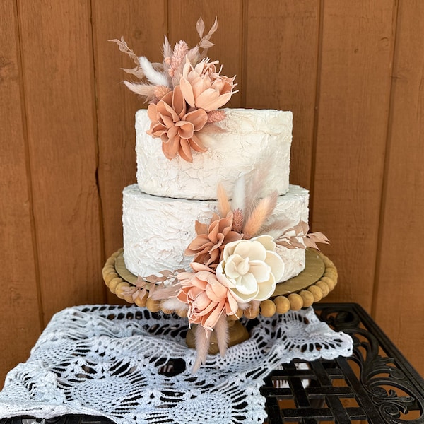 Peach, blush and light terracotta Boho flower cake decor, for wedding, bridal or baby shower/birthday -preserved & Sola wood flowers, ruscus