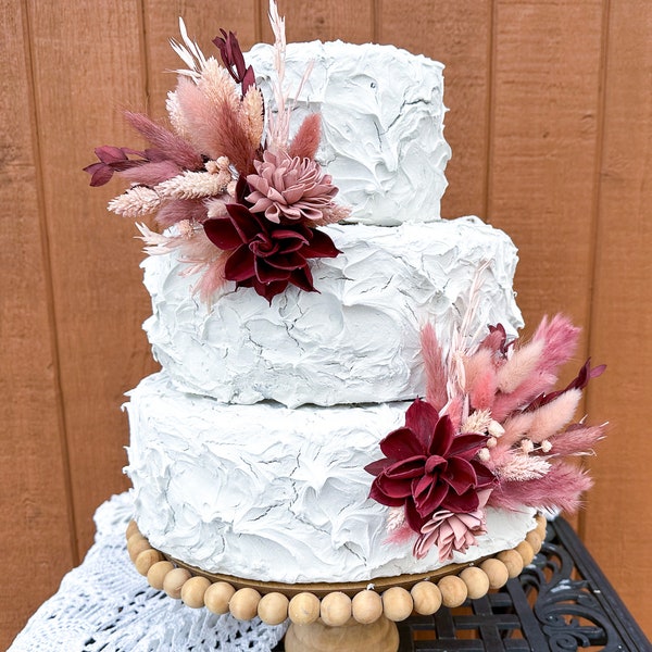 Burgundy, Dusty Rose Blush pink Boho cake flower decoration for wedding, bridal or baby shower or birthday, Sola wood, dried flowers, pampas