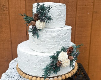 Winter wedding evergeen and ivory flower cake topper for winter wedding, engagement or birthday - real preserved Juniper with berries