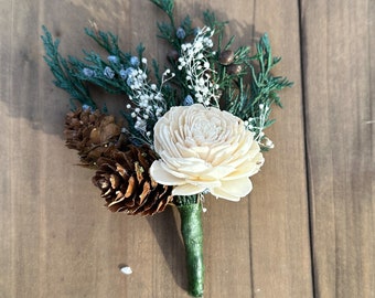 Evergreen and ivory boutonnieres with fresh Juniper, Juniper berries & sola wood flowers for Winter Wedding/woodland wedding, special event