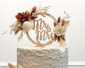 Mr. & Mrs. caketopper with Boho flowers in Terracotta, peach and ivory for a wedding/bridal shower or engagmeent - matching pieces available