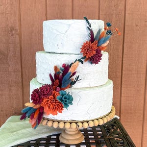 Burnt orange, burgundy/teal Boho caketopper- dried flowers for Fall rustic wedding/bridal shower, special birthday-Jewel colored caketopper