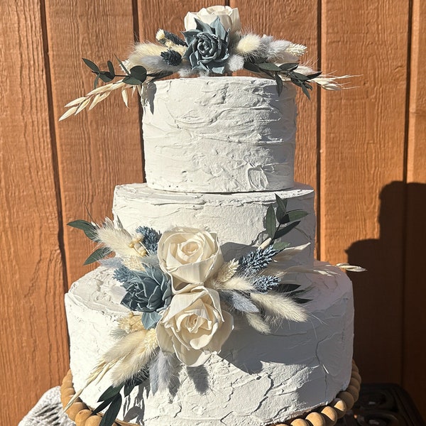 Ivory and dusty blue preserved flower cake decor, for rustic wedding, bridal/baby shower/birthday - soft Sola wood roses, pampas eucalyptus