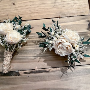 Dried  flower Boho wrist corsages/boutonnieres with Sola wood roses, teardrop eucalyptus, dried flowers.  Colors available upon request.